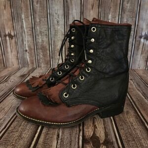 Sz 6 M Womens Laredo Brown Black Leather Lace Up Kiltie Packer Boots Good
